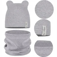 Czapki damskie - CZAPKA + KOMIN komplet DZIECIĘCY z USZKAMI JESIEŃ JESIENNY 42-46 SZARY - miniaturka - grafika 1