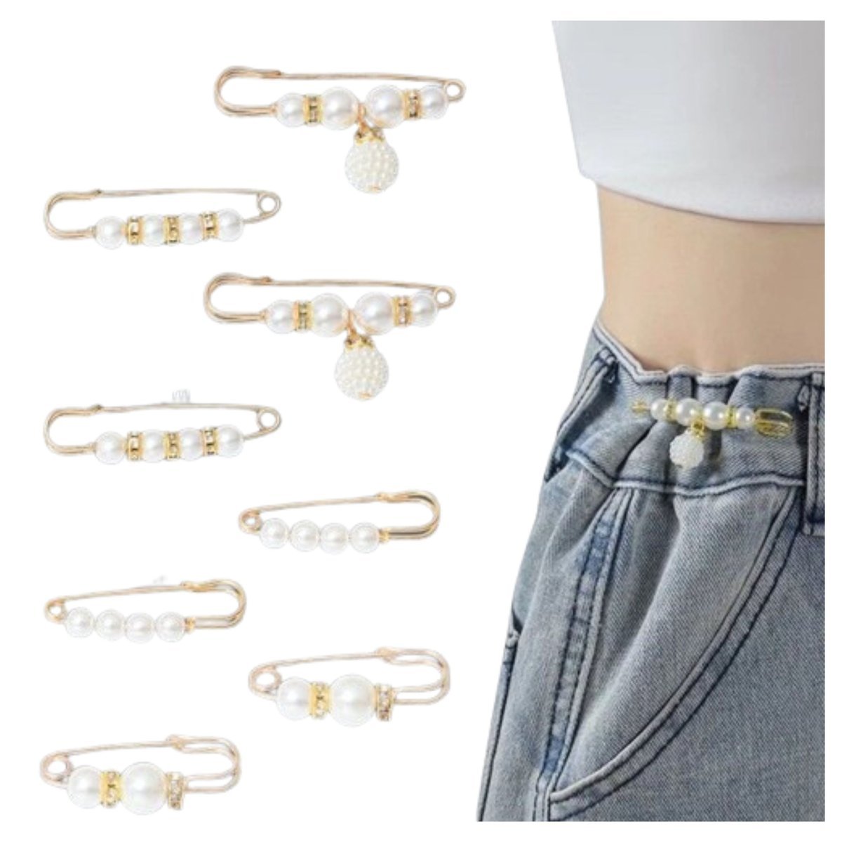 Broszka Złota Zestaw 8 Sztuk z Koralikami Ozdobna Agrafka Lekka Elegancka