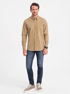 Koszule męskie - Męska koszula bawełniana REGULAR FIT z kieszenią - jasnobrązowa V2 OM-SHOS-0153 - Ombre Clothing - miniaturka - grafika 1