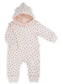 Pajacyki dla niemowląt - Niemowlęcy pajac dresowy z kapturem w groszki łososiowy Nicol,r.80 - miniaturka - grafika 1
