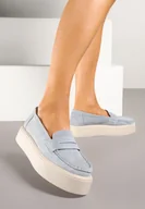 Mokasyny damskie - Jasnoniebieskie Mokasyny Skórzane na Platformie w Stylu Półbutów Sadawene - miniaturka - grafika 1