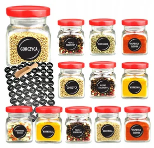 Słoiki na przyprawy 120 ml x12 szt z czerwoną zakrętką 90 etykiet czerpak - Pojemniki kuchenne - miniaturka - grafika 1