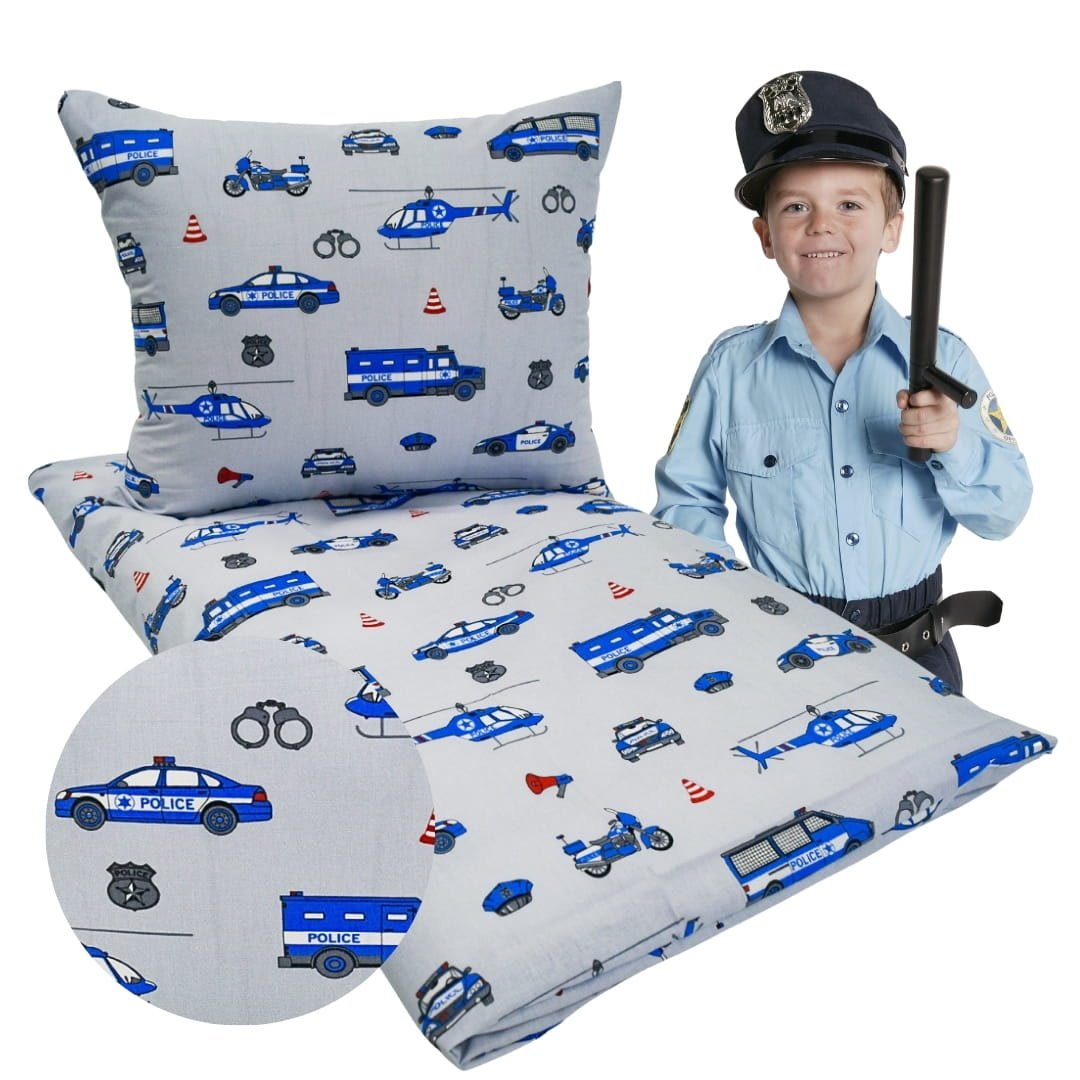 Komplet Pościeli Dziecięcej 100x135 + 40x60 Policja Na Szarym 100% Bawełna Polski Producent
