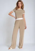 Komplety damskie - Beżowy Prążkowany Komplet T-shirt z Krótkim Rękawem Szerokie Spodnie ze Ściągaczem Vimaleen - miniaturka - grafika 1
