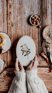 Tamborek Ptaki Zimy, prezent na Święta, haftowana Rudzik - Ozdoby bożonarodzeniowe - miniaturka - grafika 1