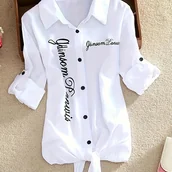 Inne - TEMU Damska biała koszula z długim rękawem i nadrukiem "JAYSOM ", krótki rękaw, ochrona przed słońcem, detal z wiązaniem, styl letni do codziennego - miniaturka - grafika 1