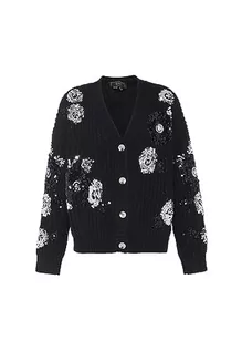 Swetry damskie - faina Damski modny kardigan z cekinami i okrągłym dekoltem w kwiaty, czarny, rozmiar M/L, czarny, XL - grafika 1