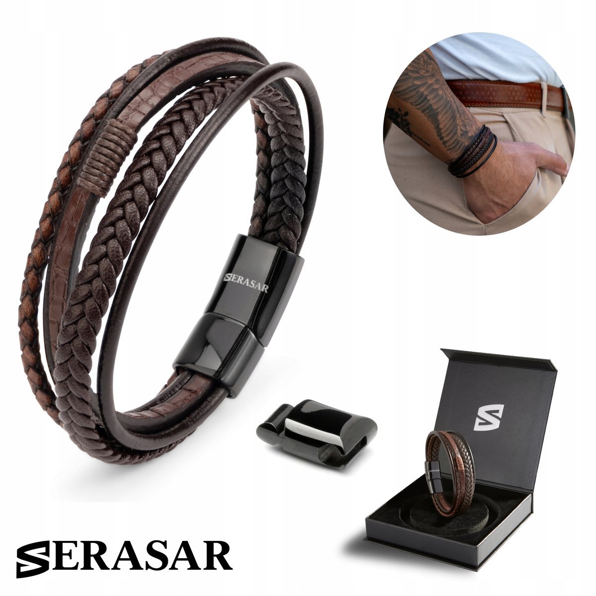 SERASAR, Męska skórzana bransoletka „Wild” - Brązowa 23m, Idealny pomysł na prezent dla Niego, Modna opaska na nadgarstek ze stalowym zapięciem
