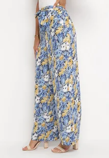 Niebieskie Szerokie Spodnie z Gumką w Pasie i Materiałowym Paskiem oraz Kieszeniami Rallia - Spodnie damskie - miniaturka - grafika 1