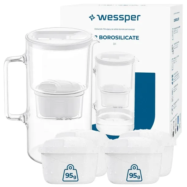 Dzbanek szklany filtrujący Wessper D2 Borosilicate 3l BIAŁY + 5x filtr