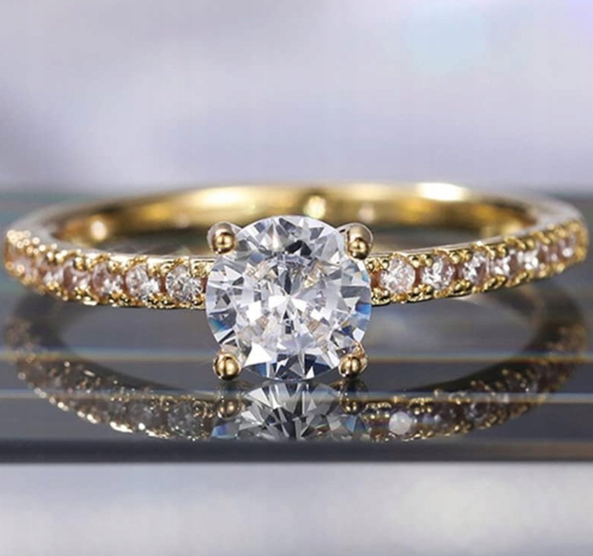 Złoty Pierścionek z Brylantem Rozmiar 8 Cyrkonia ze Stali Chirurgicznej