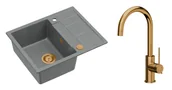 Zlewozmywaki z baterią - Quadron Unique Zlewozmywak granitowy jednokomorowy 62*50*22 cm z ociekaczem MORGAN 116 SILVER STONE z syfonem Push-2-Open w kolorze miedzianym z baterią JODIE Q LINE SLIM kolor miedziany - miniaturka - grafika 1