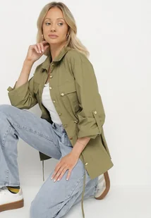 Ciemnozielona Bawełniana Koszula z Metalicznymi Guzikami i Ściągaczem w Talii Meprina - Koszule damskie - miniaturka - grafika 1