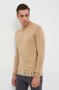 Swetry męskie - Guess sweter z domieszką jedwabiu kolor beżowy lekki - grafika 1