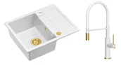 Zlewozmywaki z baterią - Quadron Unique Zlewozmywak granitowy jednokomorowy 62*50*22 cm z ociekaczem MORGAN 116 SNOW WHITE z syfonem Push-2-Open w kolorze złotym z baterią GEMMA Q LINE SLIM z ruchomą wylewką kolor biały mat/wykończenie złote/biały wąż - miniaturka - grafika 1
