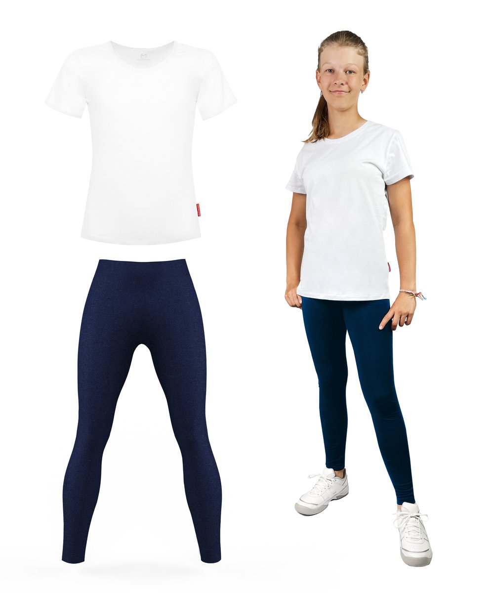 STRÓJ NA WF DZIEWCZĘCY DLA DZIEWCZYNKI KOMPLET GIMNASTYCZNY BIAŁA KOSZULKA TSHIRT DŁUGIE LEGGINSY GRANATOWE 116