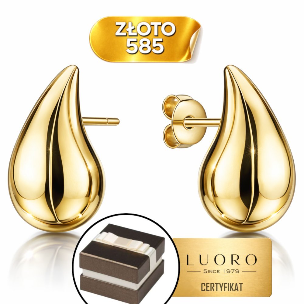 KOLCZYKI ZŁOTE 585 14K DUŻE KROPLE GŁADKIE SZTYFT 3 CM ELEGANCKIE