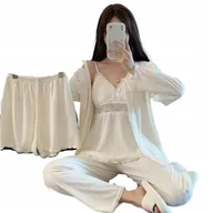 Piżamy damskie - Seksowna Biała Koronka Piżama Damska 4-Częściowa Na Guziczki Spodnie L - miniaturka - grafika 1