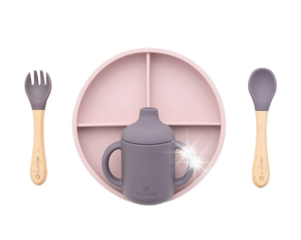 Zestaw obiadowy Olmitos silikonowy 5-elementów różowy nietoksyczne 6-36m