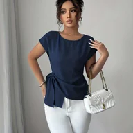 Koszule damskie - TEMU Elegancka bluzka damska asymetryczna - koszula z krótkim rękawem i spadającymi ramionami, okrągły dekolt, granatowa bluzka do biura i na imprezę - miniaturka - grafika 1