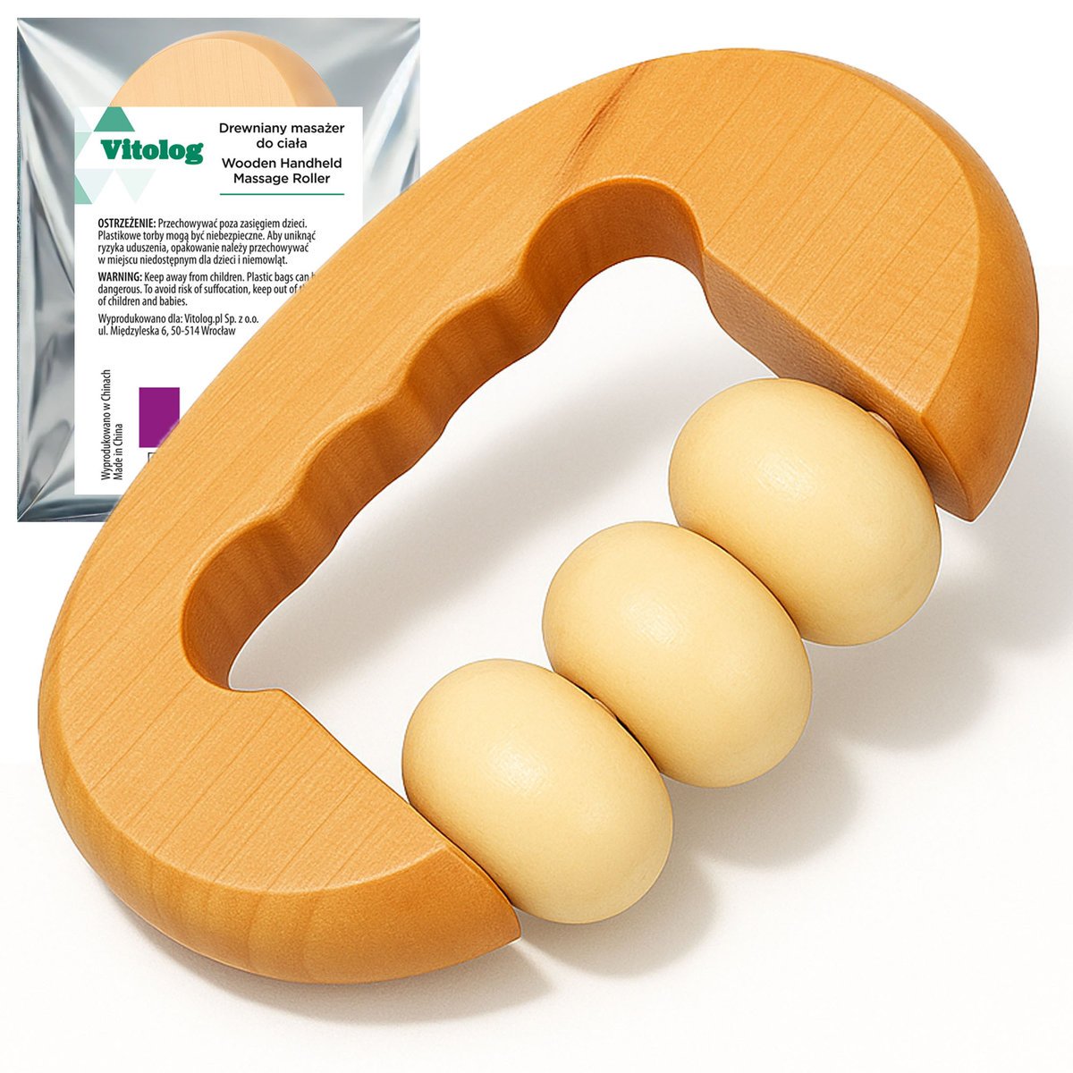 DREWNIANY RĘCZNY MASAŻER DO CIAŁA NÓG BRZUCHA ANTYCELLULITOWY ROLKA