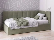 Łóżka dla dzieci i młodzieży - Tapczan jednoosobowy tapicerowany 90x200 z pojemnikiem ze stelażem oliwkowy Velvet Tom - miniaturka - grafika 1