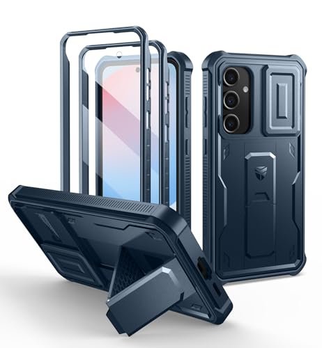 Dexnor Etui kompatybilne z Samsung Galaxy S24 FE, z ochroną wyświetlacza i podpórką, wytrzymałe etui na telefon komórkowy, ochrona całego ciała, ochrona przed uderzeniami, granatowe