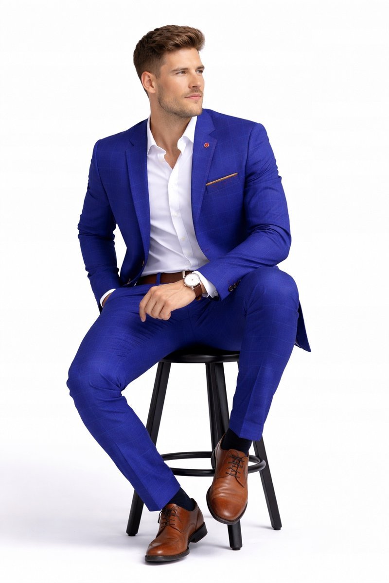 Elegancki garnitur męski - granatowy/niebieski, 378slim fit 52 / 176