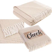 Narzuty - Beżowy Koc Bawełniany 200x220 CHECK Narzuta Pled Na Łóżko - miniaturka - grafika 1