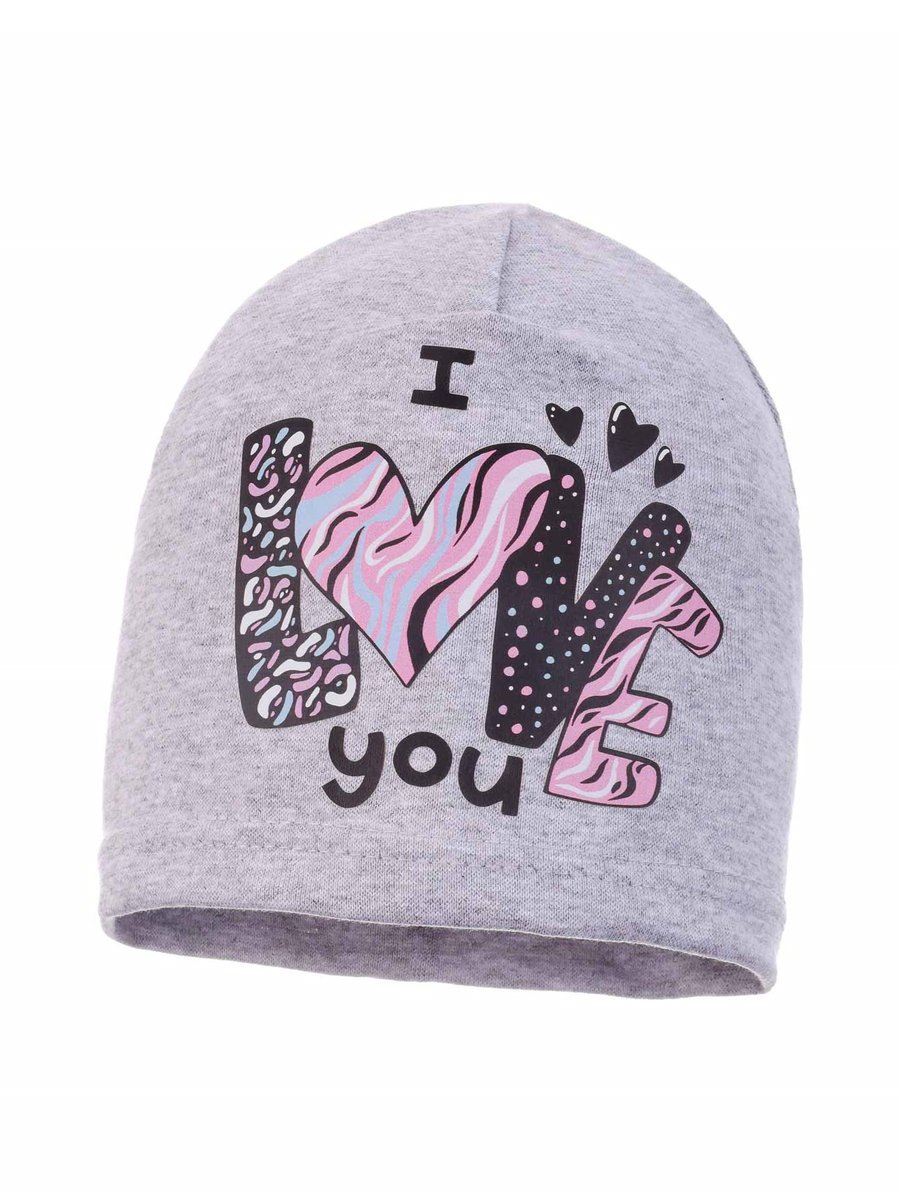 Dziewczęca czapka bawełniana I Love you jasnoszary Ambra r.44/48