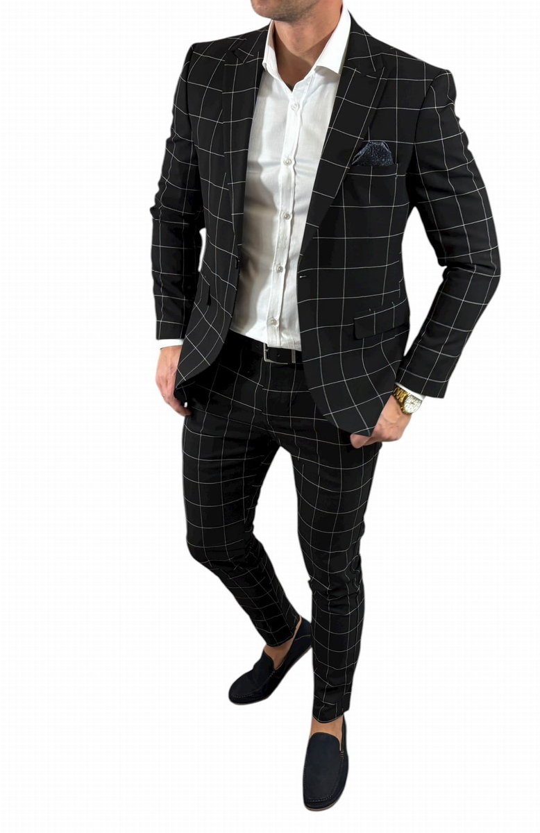 Garnitur męski dwuczęściowy komplet czarny w kratę DJG03 58