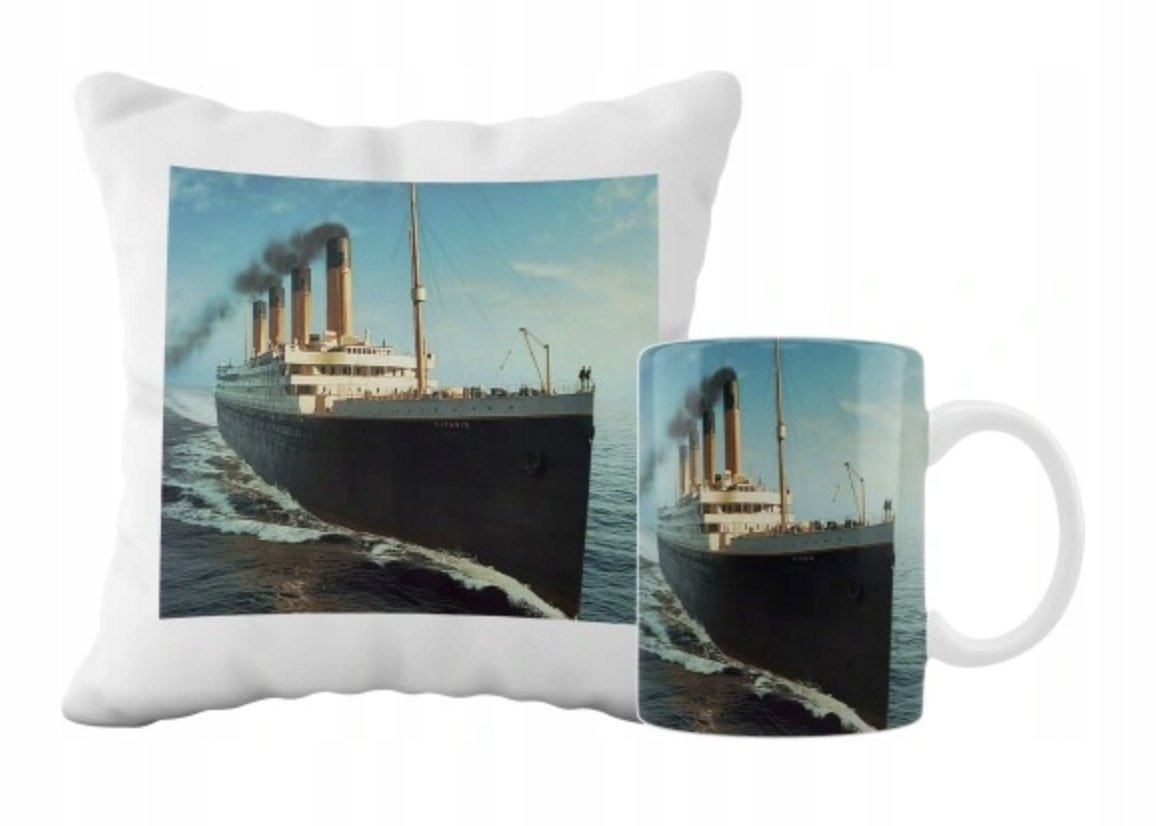 ZESTAW PODUSZKA + KUBEK Prezent TITANIC STATEK MORZE DICAPRIO + IMIĘ 8