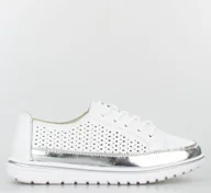 Trampki damskie - Estetino Tenisówki skórzane ażurowe ze srebrną wstawką białe Vinceza-37 - miniaturka - grafika 1