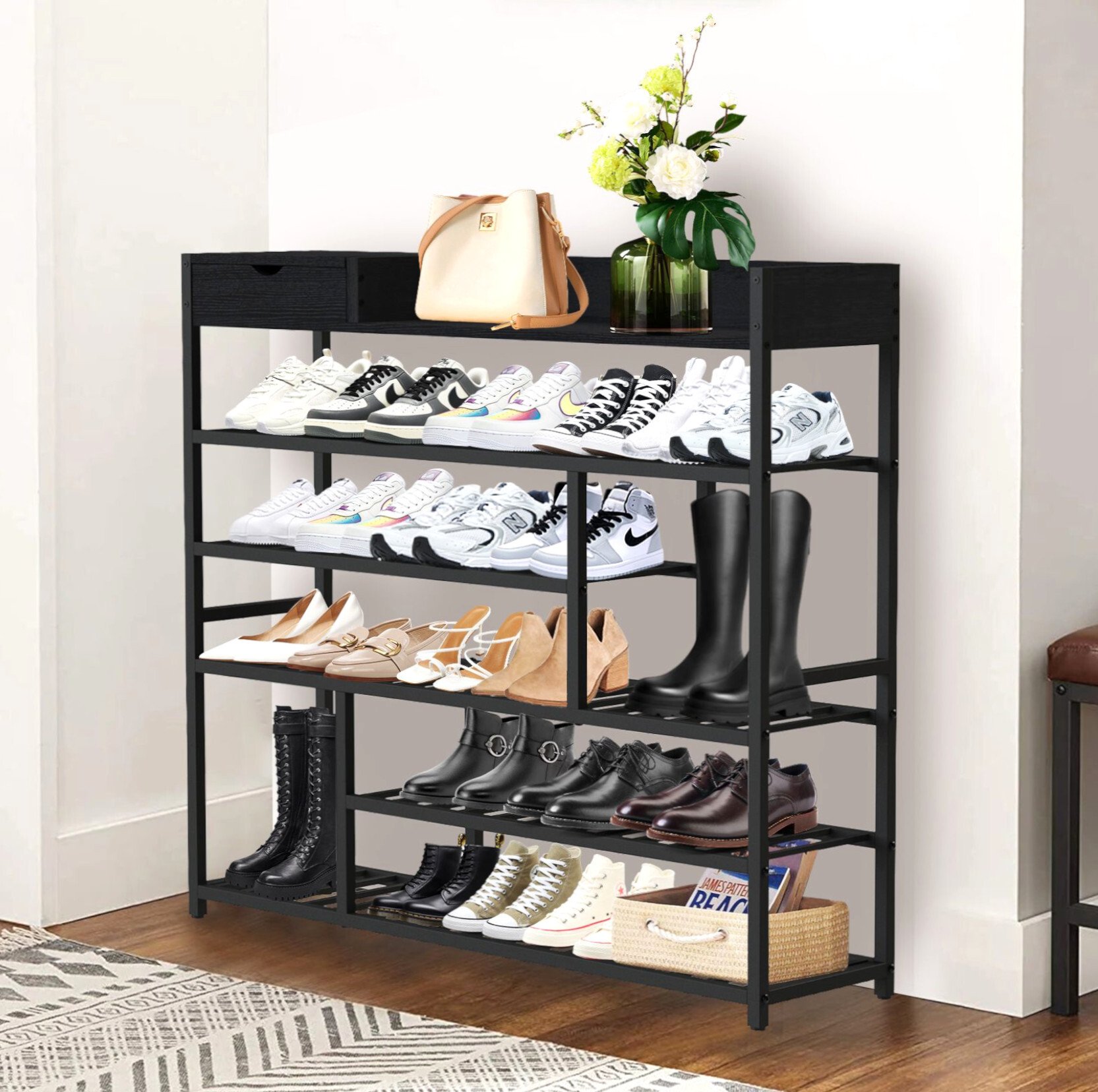 DanDiBo stojak na buty Oszczędność miejsca metal Czarny Nowoczesny 6 półek 100 cm z półką Stojak na buty z miejscem do przechowywania Stojak na buty Półka Design