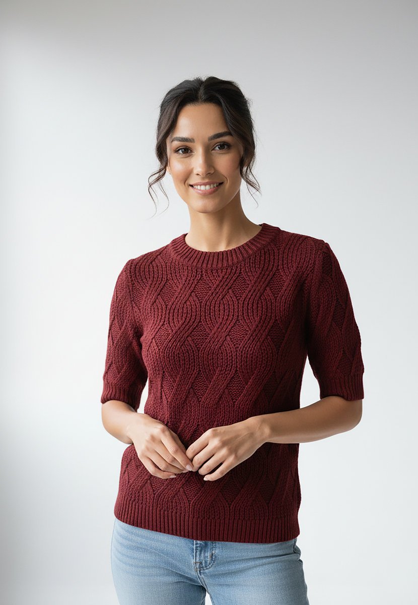 Sweter damski warkoczowy z krótkim rękawem i okrągłym dekoltem regular fit - M1261, bordowy, M