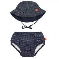 Kąpielówki dla chłopców - Lassig Zestaw kapelusz i majteczki do pływania z wkładką chłonną Polka Dots navy UV 50+ 6 m-cy - grafika 1