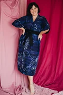 Stroje kąpielowe - KIMONO długie / SUKIENKA kopertowa/ NARZUTKA/ szlafrok granatowy print rybki w OCEANIE (100% wiskoza) - miniaturka - grafika 1