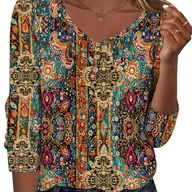 Bluzki damskie - TEMU Damska Bluzka w Stylu Boho z Wielokolorowym Nadrukiem na Całej Powierzchni, Dekolt V i Zdobieniem - Turkusowy Niebieski, Pomarańczowy, Czerwony, - miniaturka - grafika 1