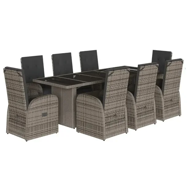 Zestaw mebli ogrodowych szary z rattanem PE 240 x 90 x 75 cm, 8 krzeseł