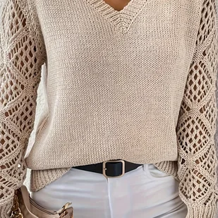 TEMU Sweter z wycięciem w kształcie litery V, uniwersalny sweter z dzianiny w jednolitym kolorze z długim rękawem na wiosnę i jesień, odzież damska - Swetry damskie - miniaturka - grafika 1