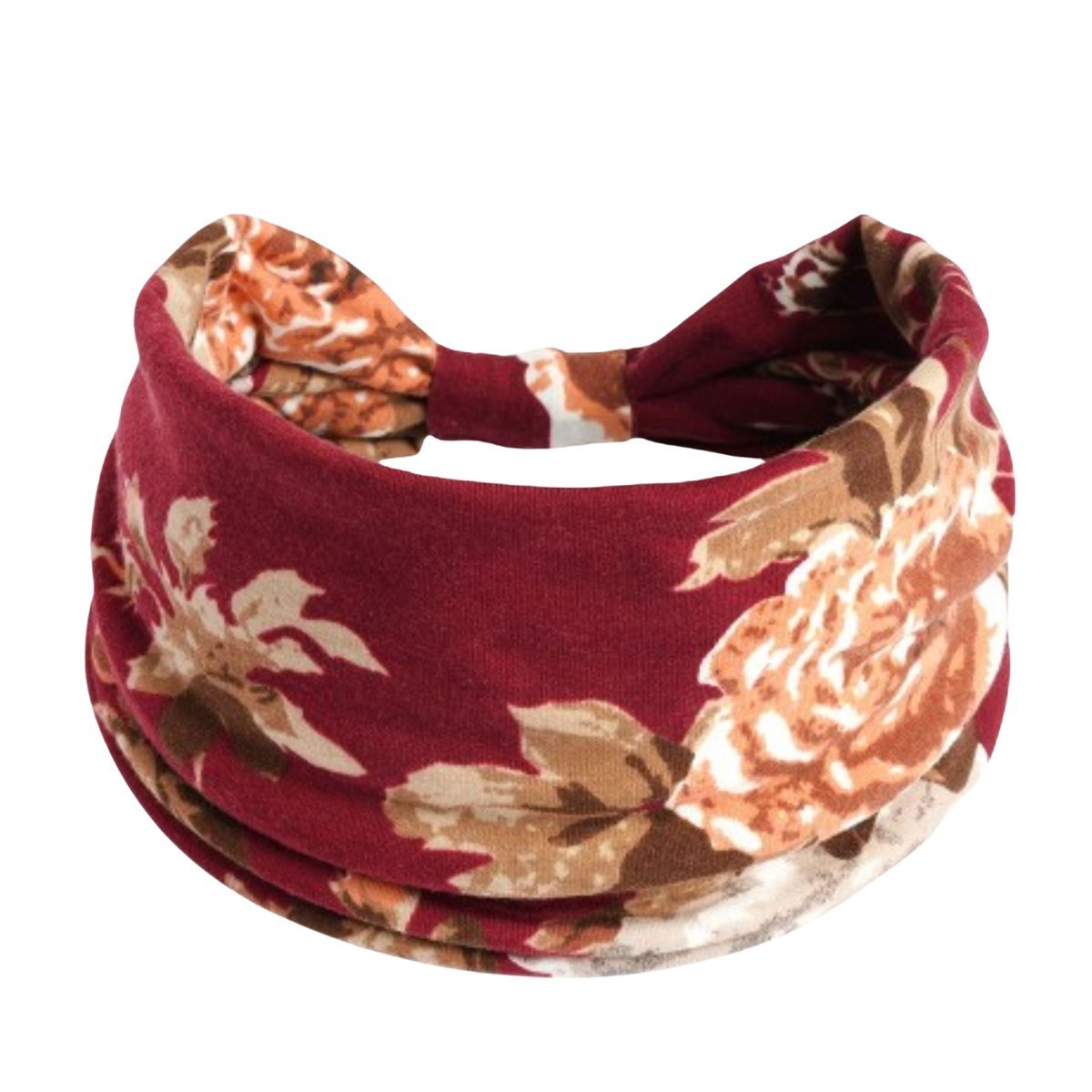 Opaska do Włosów Bordowa Turban na Głowę Szeroka w Kwiaty MIŁA W DOTYKU
