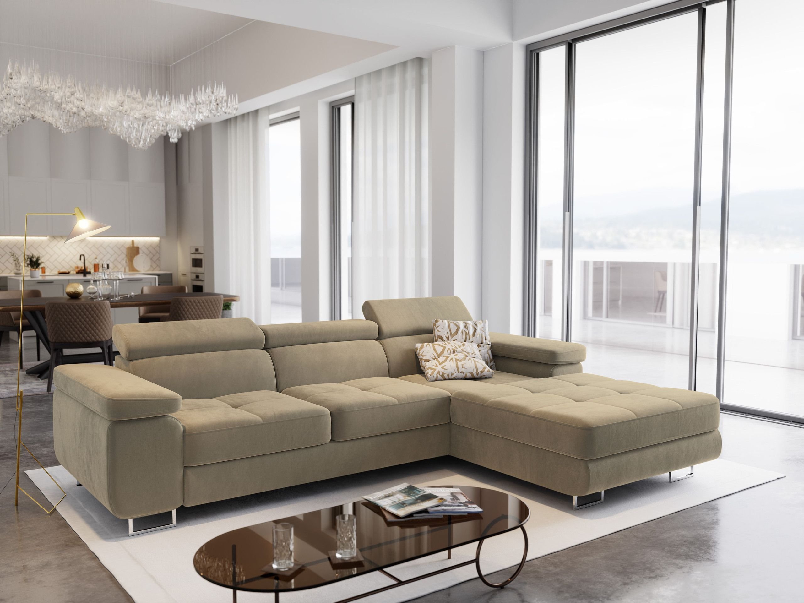 Masseno Narożnik ELMA R-S z funkcją spania i pojemnikiem na pościel Kształt L, Rozkładana sofa, Rogówka - Kremowy, MONOLITH 04