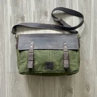 Torebki damskie - Duża torba brązowo-zielona ze skóry i bawełny. Vintage. - miniaturka - grafika 1