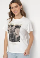 Koszulki i topy damskie - Biały T-shirt z Bawełny Ozdobiony Nadrukiem i Brokatem Marionel - miniaturka - grafika 1