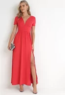 Sukienki - Czerwona Rozkloszowana Sukienka Maxi z Głębokim Dekoltem z Rozcięciem Wyla - miniaturka - grafika 1