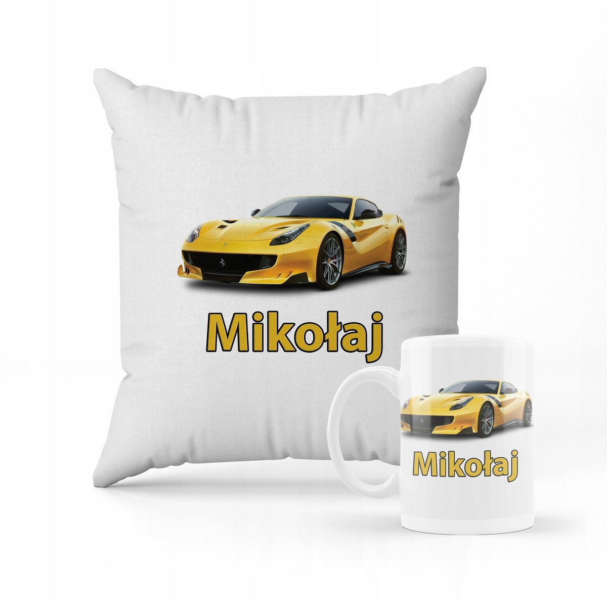 ZESTAW PODUSZKA + KUBEK PREZENT DLA DZIECKA Ferrari AUTO Sportowe + IMIĘ 2