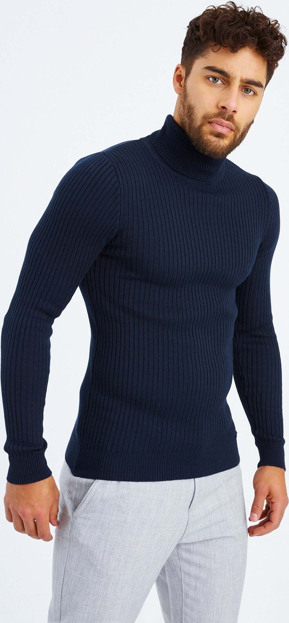Leif Nelson sweter męski z golfem z cienkiej dzianiny LN-1670, Niebieski / XL