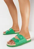 Klapki i japonki damskie - Zielone Klapki z Szerokim Paskiem z Podwójnymi Sprzączkami i Plecionką na Podeszwie Piralia - miniaturka - grafika 1