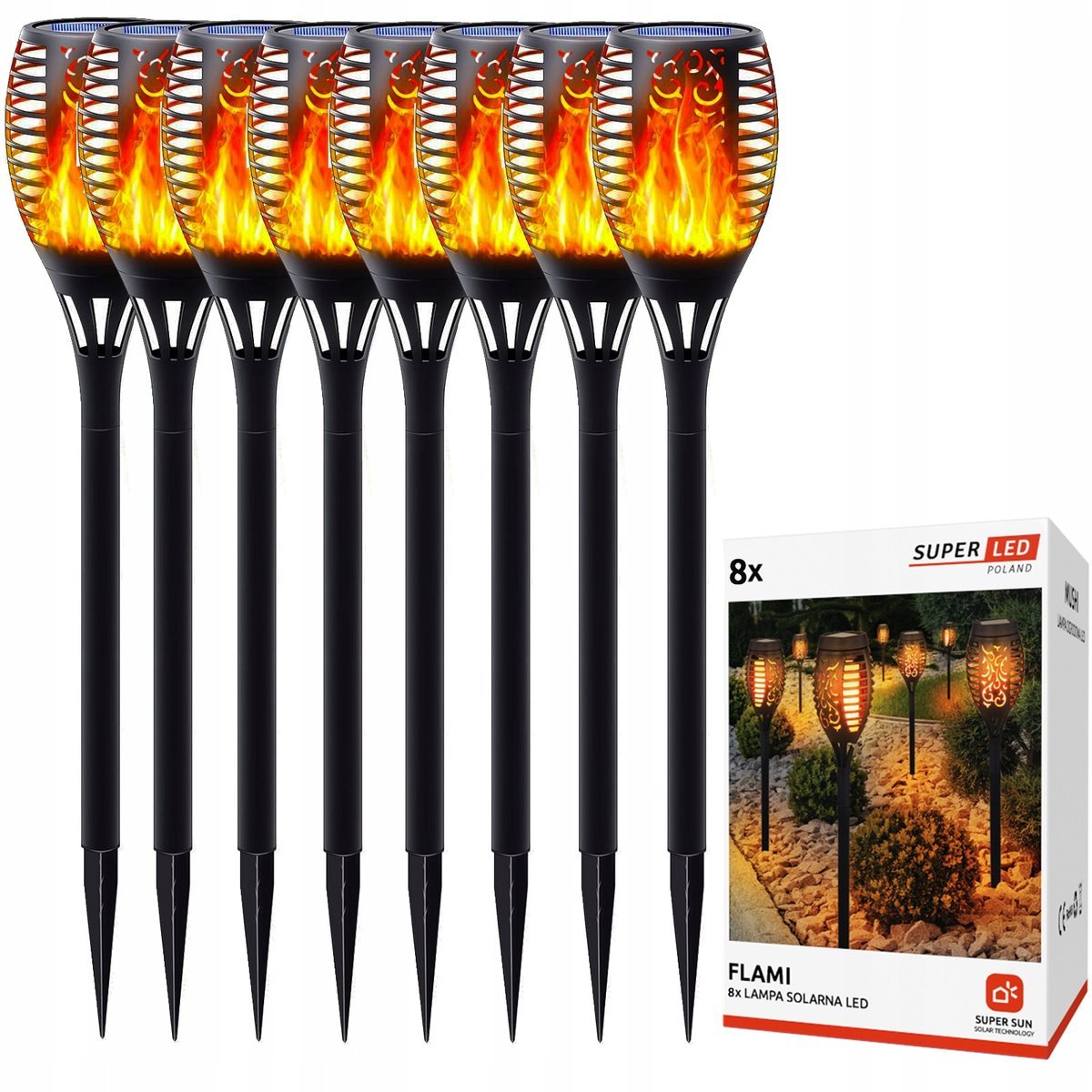 8x Lampa ogrodowa solarna LED wbijana LATARNIA POCHODNIA PŁOMIEŃ DUŻY XL