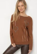 Swetry damskie - Brązowy Sweter Ozdobiony Sercami z Cyrkonii Unaressa - miniaturka - grafika 1